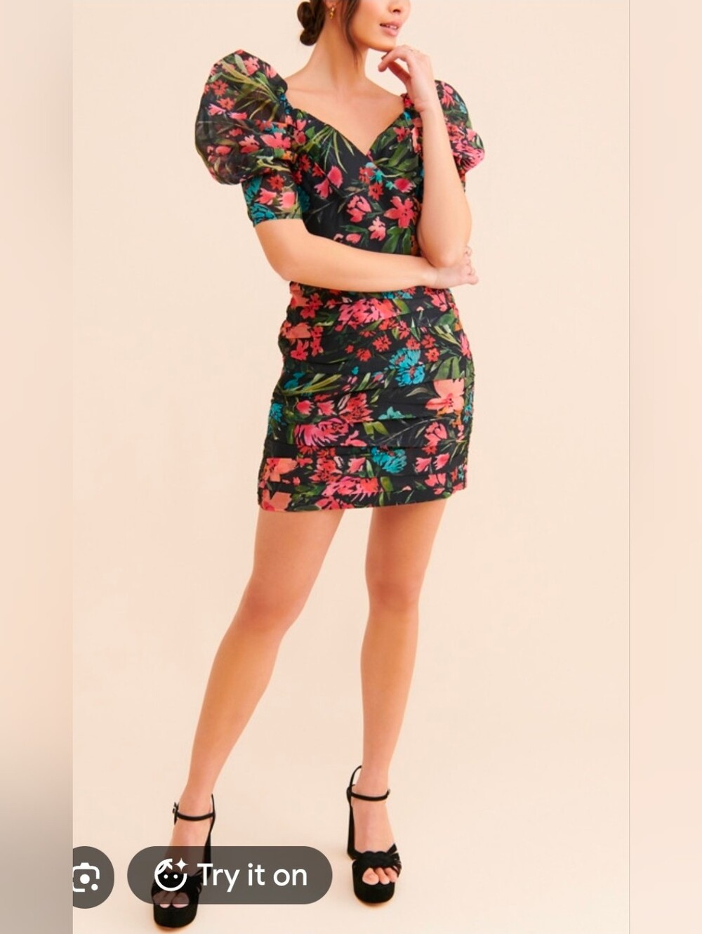Anthropologie Floral Puff-Sleeve Mini Dress in Black with Pink & Teal Accents